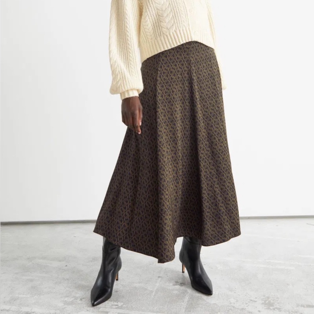& OTHER STORIES Silk Midi Skirt in Black/Brown | Size 2 | NWOT